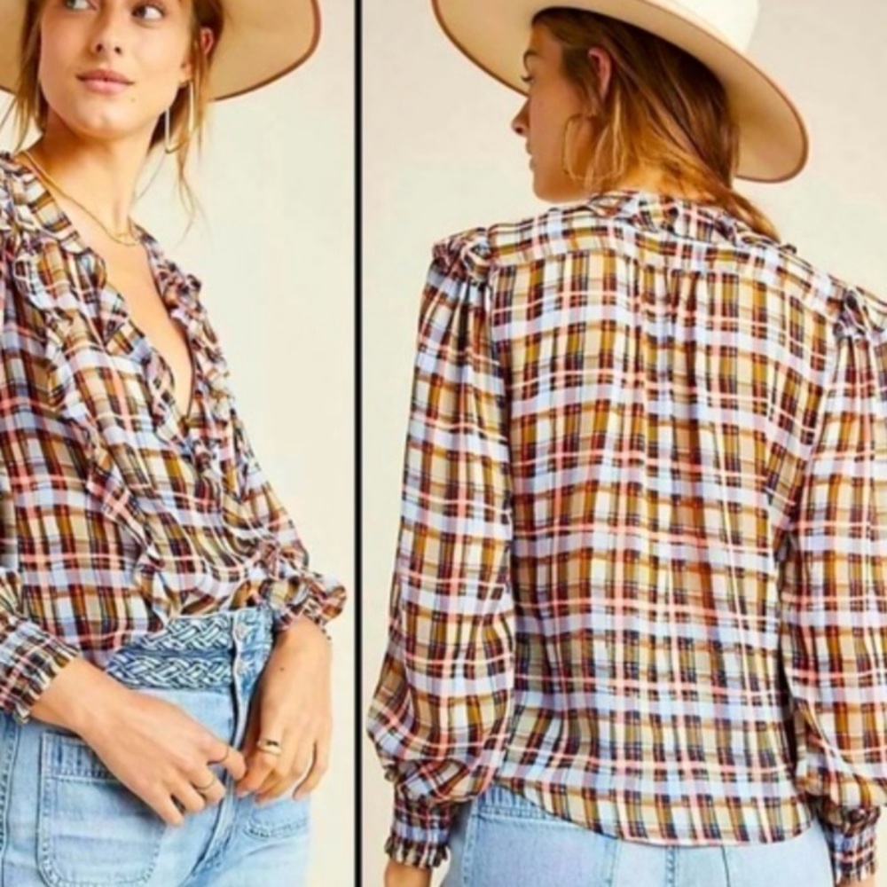 Anthropologie Maeve Laila Ruffled Blouse in Plaid